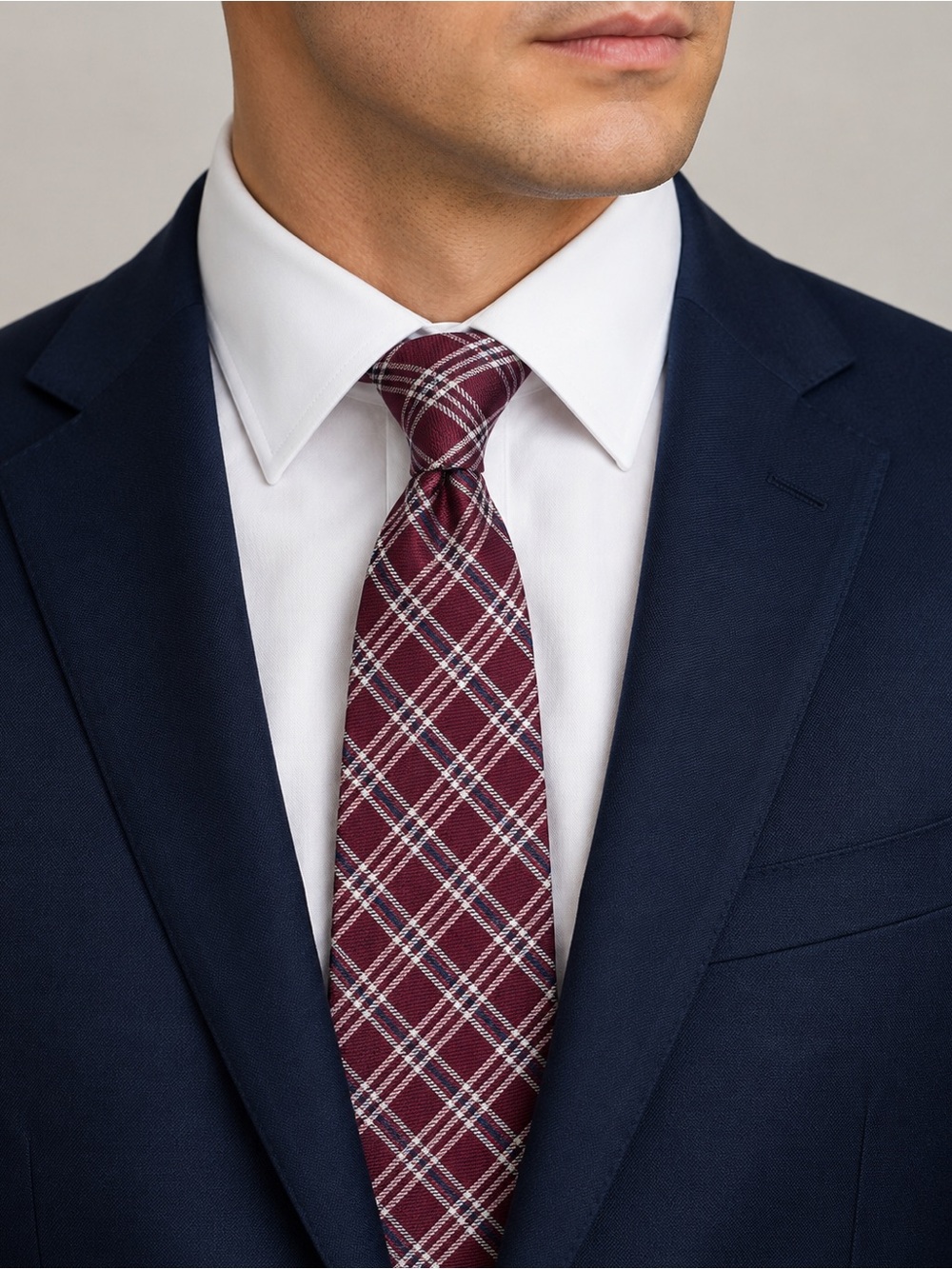 Tommy Hilfiger Burgundy Plaid Tie with Navy Suit Ensemble